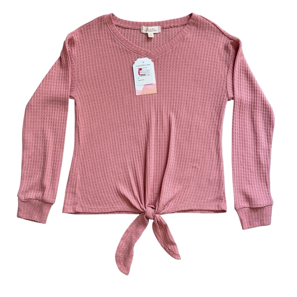Walking on Sunshine girls long sleeve waffle knit top tie waist hem pink NWT